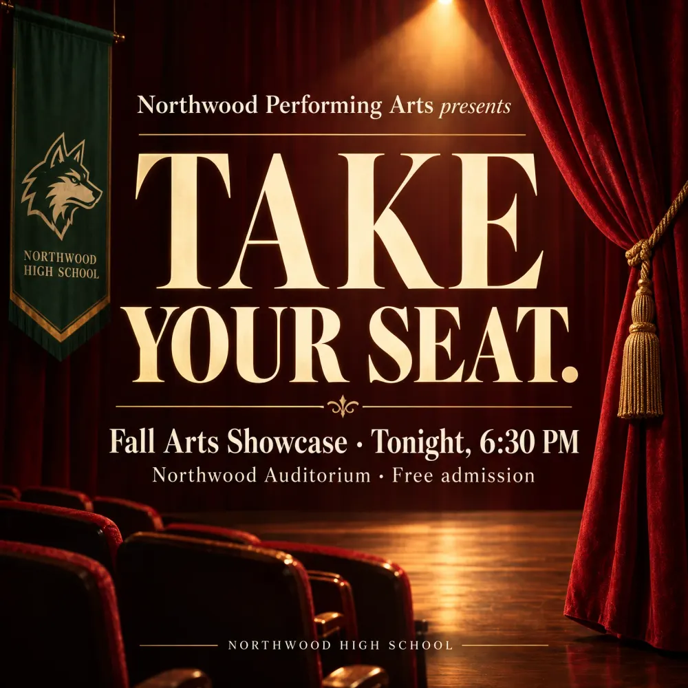 Illustrative Fall Arts Showcase graphic: Take your seat, tonight at 6:30 PM