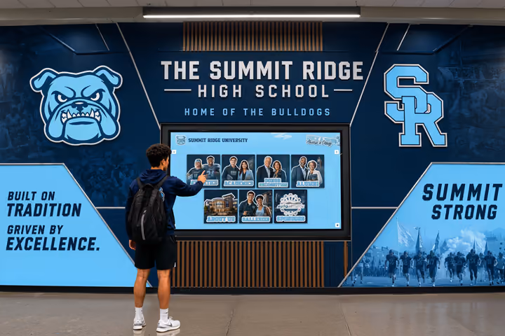 A student uses a touchscreen set into a school-branded athletics feature wall