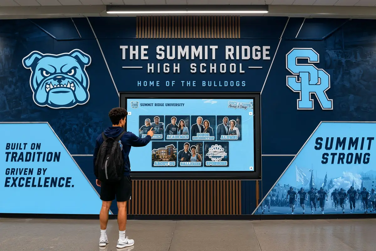 A student uses a touchscreen set into a school-branded athletics feature wall