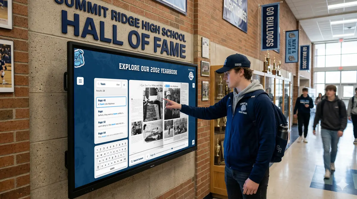 A student opens a digital yearbook on a hall of fame touchscreen in a school hallway