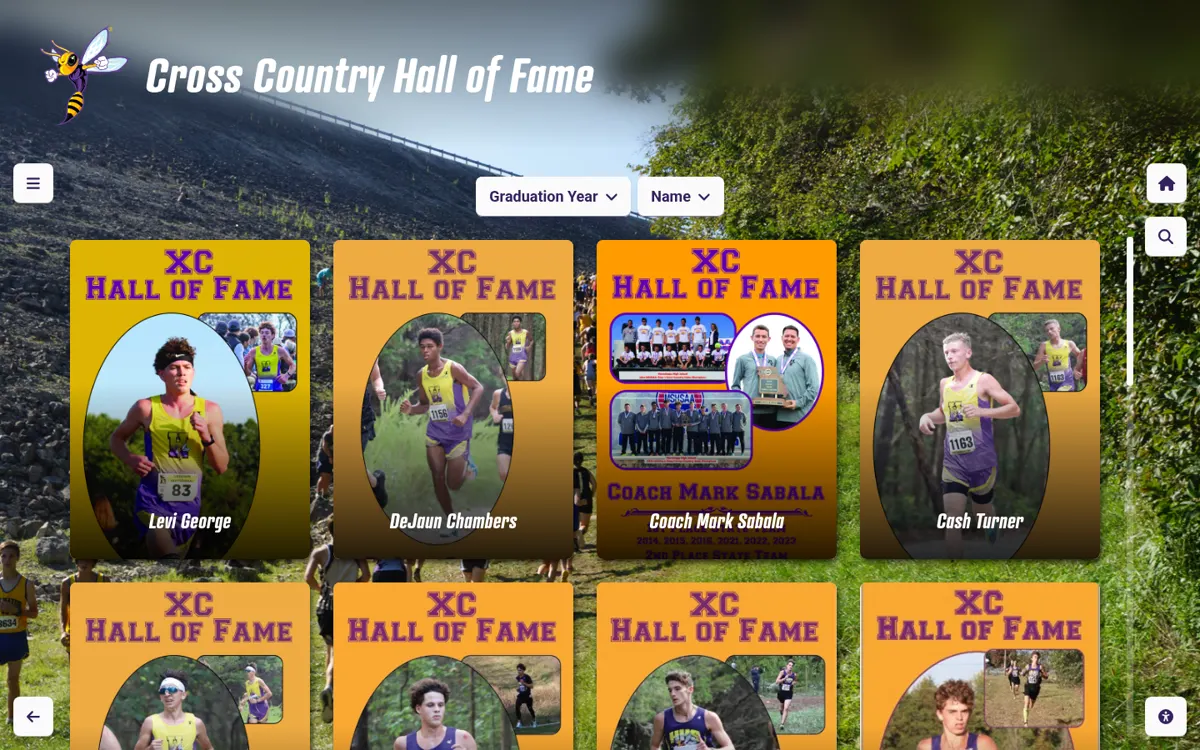 Hermitage High School Cross Country Hall of Fame: a grid of inductee cards with Graduation Year and Name filters