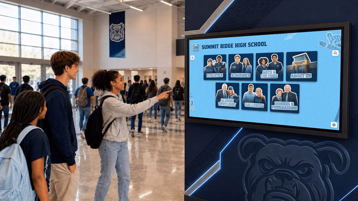 Students point at a school touchscreen with Athletics, Academics, Arts & Culture, Alumni Spotlight and Donors sections