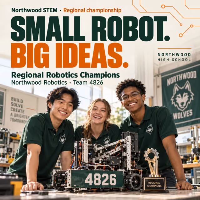 Illustrative Northwood robotics championship graphic with students and their robot