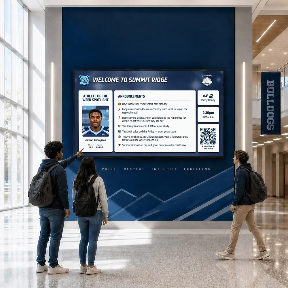 Students in a school atrium look up at a large welcome screen with an athlete spotlight, announcements and a QR code