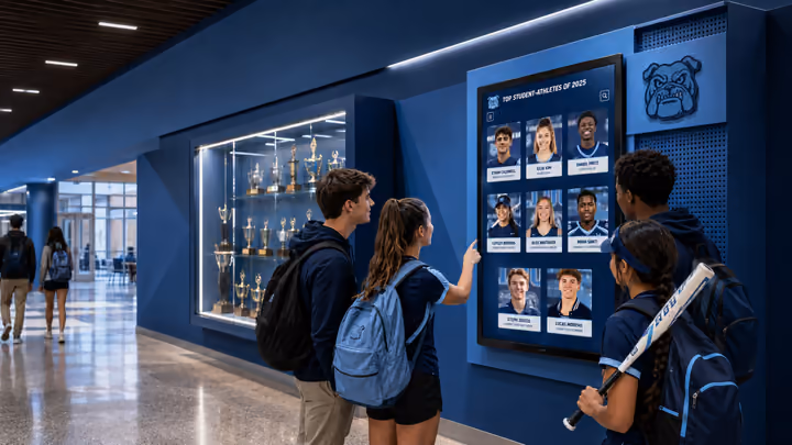 Students explore a hall of fame touchscreen beside a lit trophy case