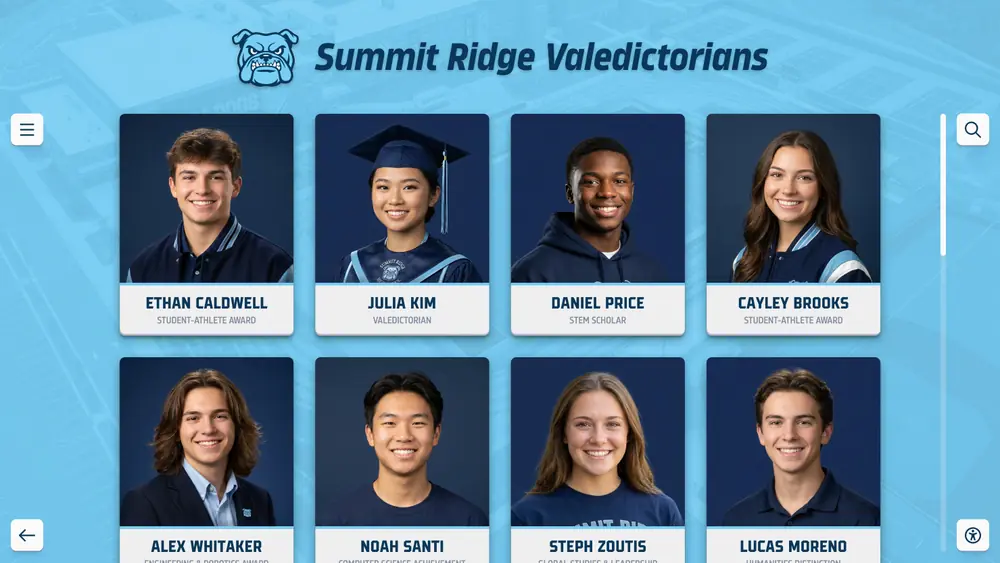 Example Valedictorians screen with eight student portrait cards