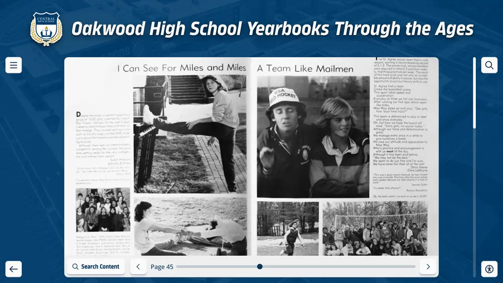 Example digital yearbook screen opened to a black-and-white yearbook spread with a page slider
