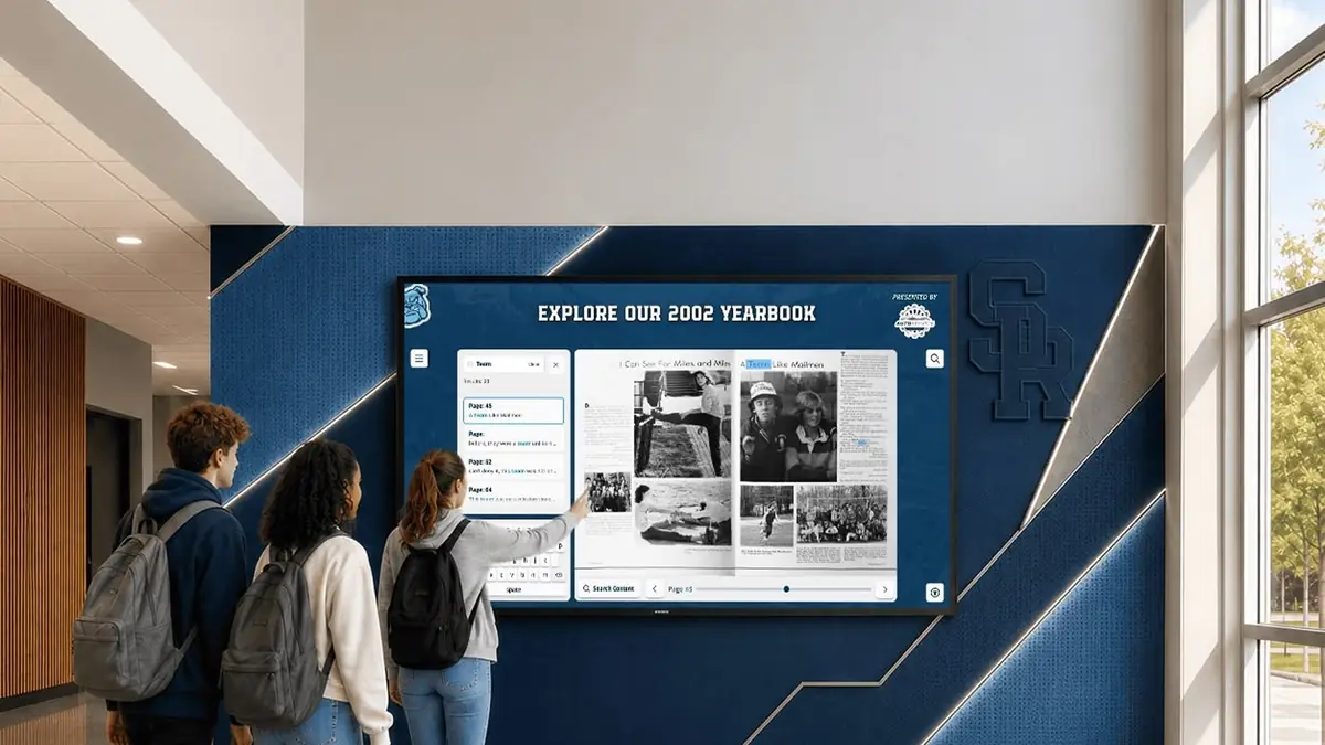 Students stop at a hallway display showing scanned photos from a 2002 yearbook