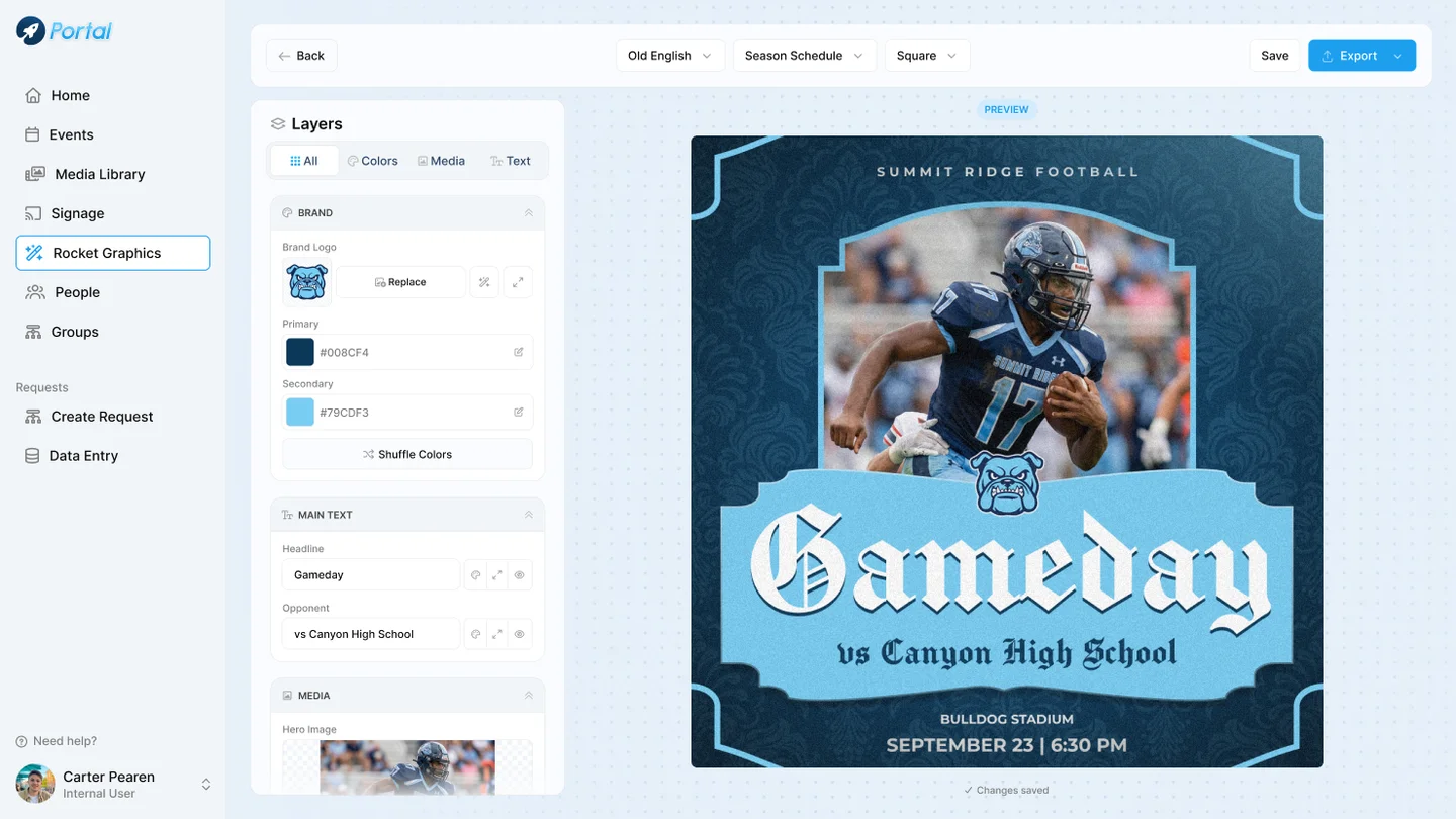 Rocket Graphics editor design with brand, text and photo controls beside a game day graphic